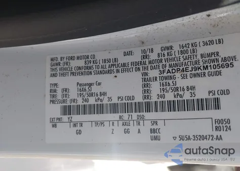 2019 Ford Fiesta Se z USA, uszkodzony, nr VIN 3FADP4EJ9KM105695